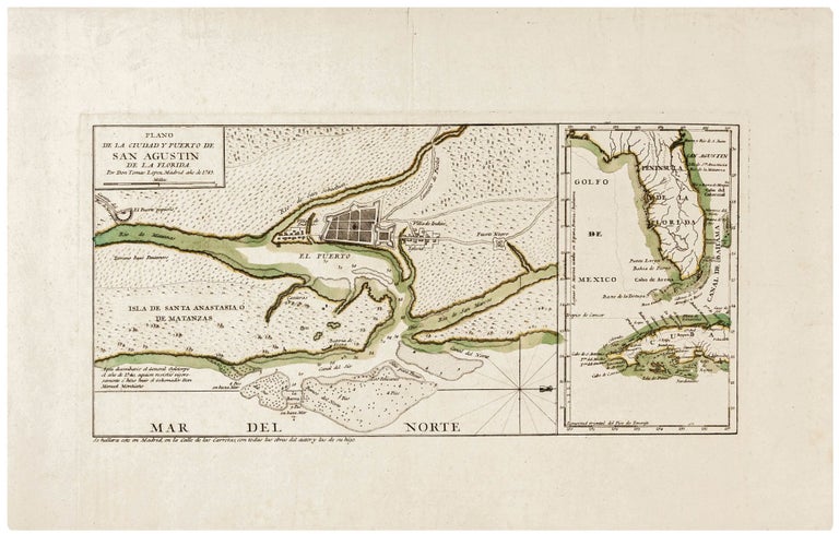 Item #11083 Plano De La Ciudad Puerto De San Agustin De La Florida…[With untitled inset map of Florida]. Toma LOPEZ Y. VARGAS MACHUCA.
