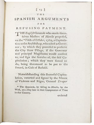 Draper's answer to the Spanish Arguments, claiming the Galeon, and refusing payment of the ransom bills, for preserving Manila from pillage and destruction; in a letter addressed to the Earl of Halifax.