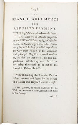 Draper's answer to the Spanish Arguments, claiming the Galeon, and refusing payment of the ransom bills, for preserving Manila from pillage and destruction; in a letter addressed to the Earl of Halifax.
