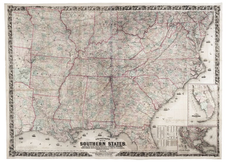 Item #155 J. H. COLTON'S MAP OF THE SOUTHERN STATES. MARYLAND, DELAWARE, VIRGINIA, KENTUCKY, TENNESSEE, MISSOURI, NORTH CAROLINA, SOUTH CAROLINA, GEORGIA, ALABAMA, MISSISSIPPI, ARKANSAS, LOUISIANA, AND TEXAS. SHOWING ALSO PART OF ADJOINING STATES & TERRITORIES LOCATING THE FORTS & MILITARY STATIONS OF THE U. STATES & SHOWING ALL THE RAILROADS, R.R. STATIONS & OTHER INTERNAL IMPROVEMENTS…. Joseph H. COLTON.