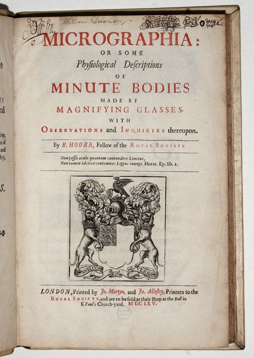 Item #185500 Micrographia: or some Physiological Descriptions of Minute Bodies made by Magnifying Glasses. With Observations and Inquiries thereupon. Robert HOOKE.