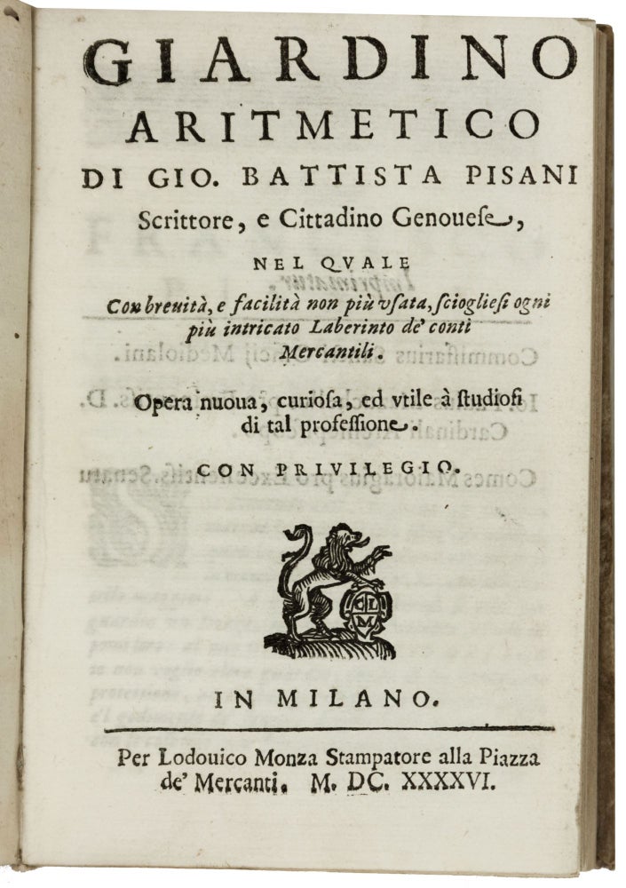 Item #5438 Giardino aritmetico. Giovanni Battista PISANI.