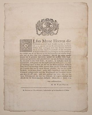 Alsoo Myne Heeren die Wethouderen deser Stadt Brussele op den 16. Februarii 1719, aen die van het Broodt-maeckers Ambacht …