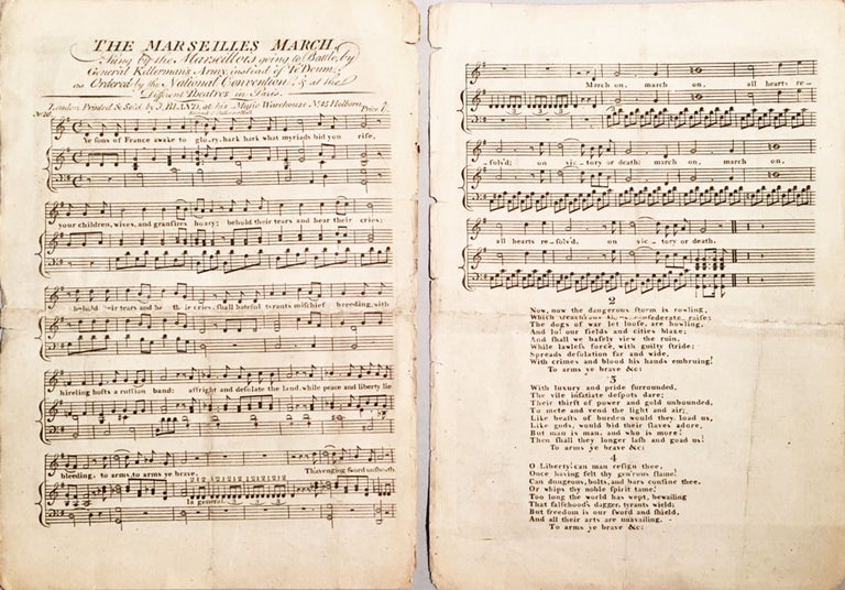 Item #5690 Marche des Marseillois, Chantée sur differans Theatres à Paris. The Marseilles March, Sung by the Marseillois going to Battle, by General Kellerman’s Army, instead of Te Deum, as Ordered by the National Convention, & at the Different Theaters in Paris. Theme Catalogue of French Songs. Claude-Joseph ROUGET DE LISLE.