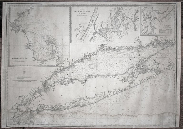 Item #9776M Large, Untitled Chart of Long Island Sound, the Connecticut Shoreline, New York City & Vicinity, All of Long Island. [With three large, titled inset charts:] Chart Of Massachusetts Bay…/ Chart Of The East River Entrance To New York … / Hell Gate, And Its Approaches…. CHARLES COPLEY, SONS.